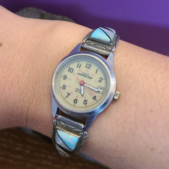 Vintage sterling silver Native American Zuni inlay watch band/ watch - Picture 4 of 5